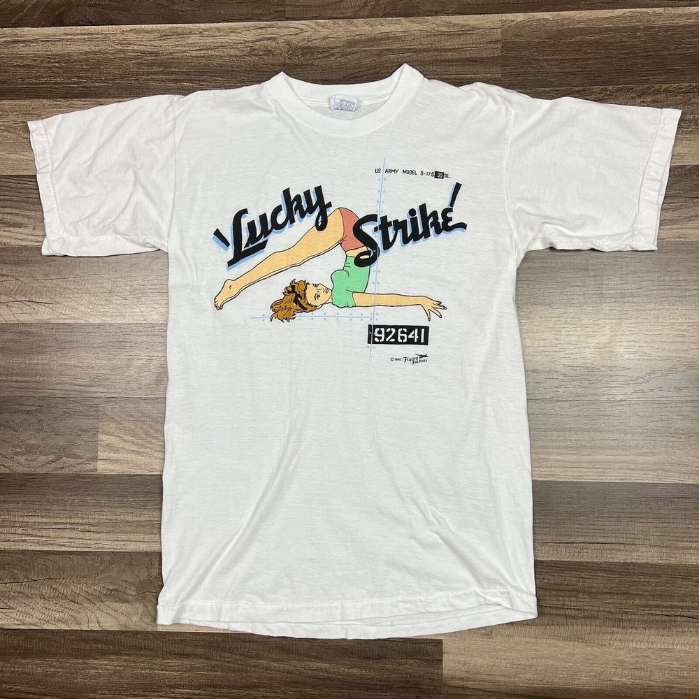 Vintage 1988 Lucky Stripe Shirt Flying Fortress B-17 Pinup Girl White Shirt Sz S